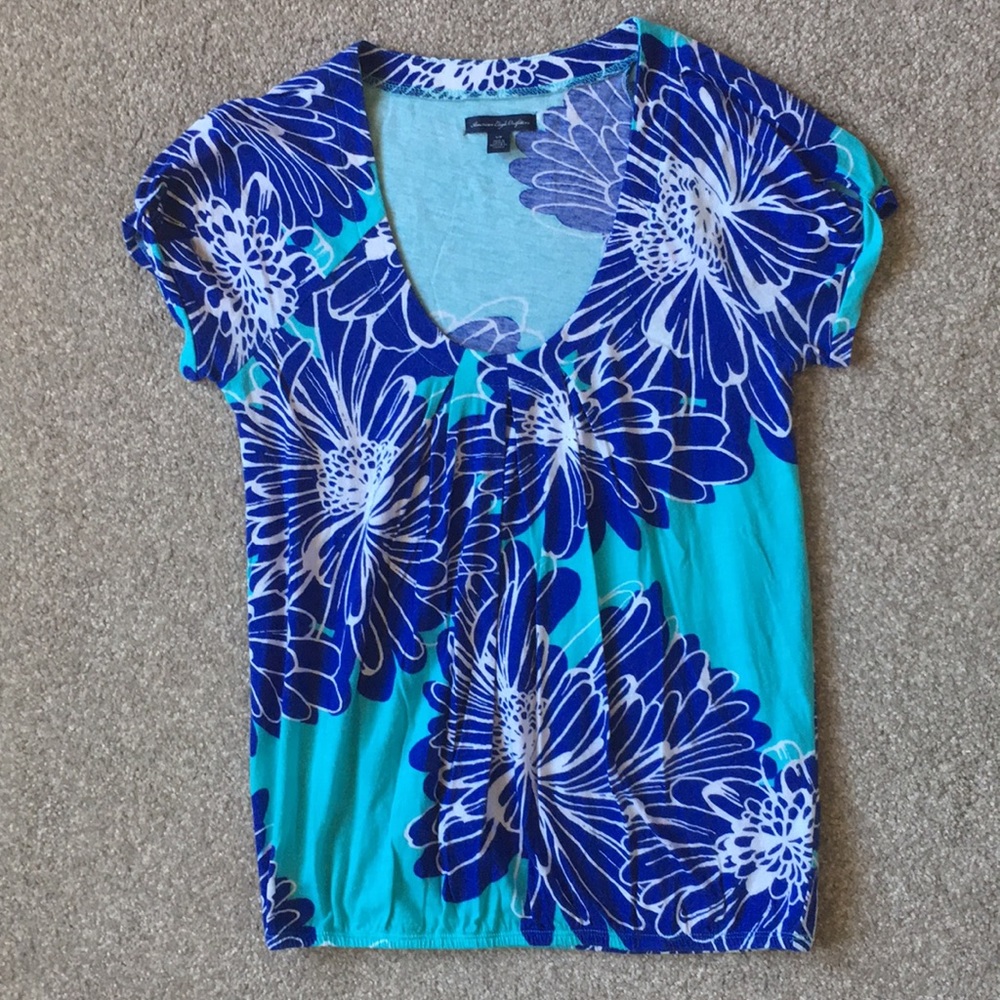 American Eagle soft floral teal top small